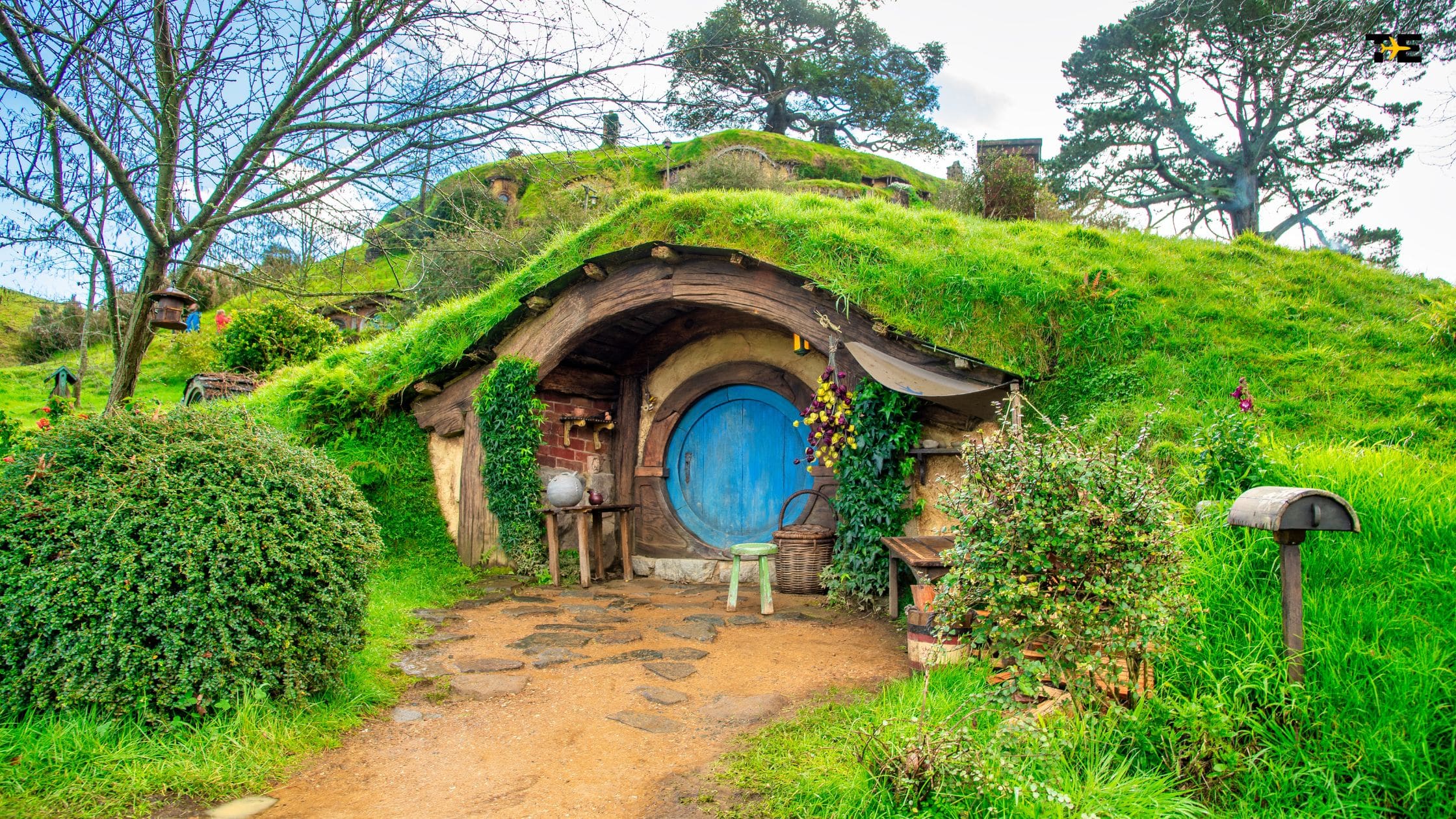 Charming hobbit hole with a blue door, nestled in a lush garden landscape.